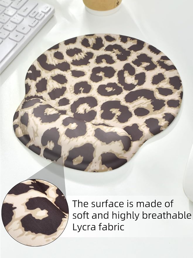 Leopard Mouse Pad Wrist Support Wrist Rest, Ergonomic Mouse Pad with Non-Slip Base for Office Gaming Working Computers,Desk Accessories Pain Relief Mouse Mat for Home&Game Decor, Light Brown