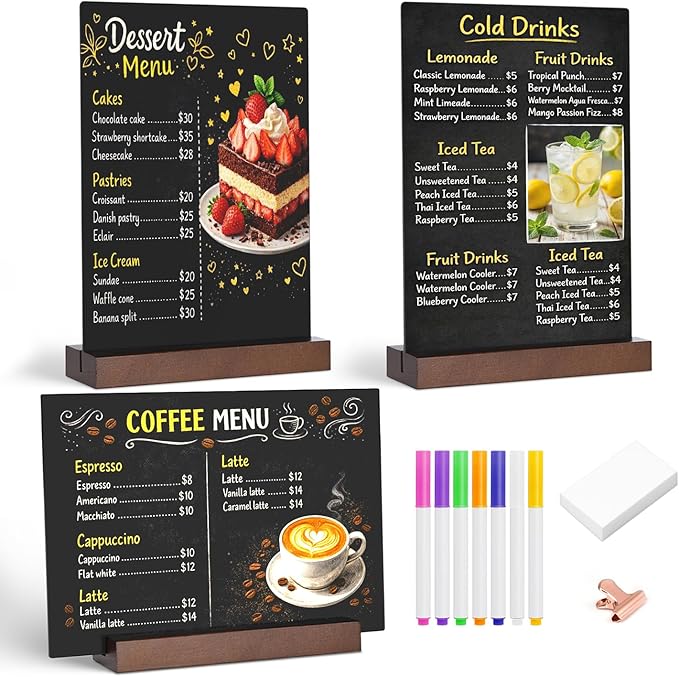 Tabletop Chalkboard with Wood Stand - 3 Pack, 8 x 12 Inch Double Sided Blackboard Food Signs Menu Message Boards for Coffee Bar, Lemonade Stand, Party Decoration - Vertical Back