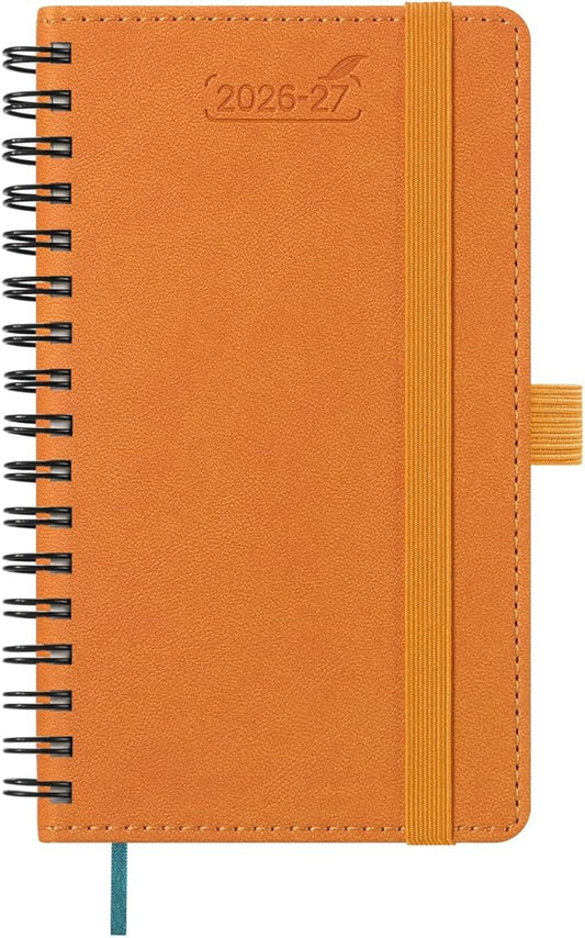BEZEND Pocket Planner 2026-2027 Weekly and Monthly (3.5" x 6") 18 Months Small Academic Calendar (Jul 26-Dec 27) for Students, Work & Home, Storage Pocket, Spiral PU Leather Softcover -Orange