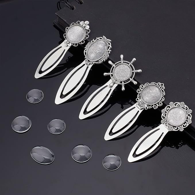 NBEADS 20 Pcs 10 Sets Bookmark Makings Sets, 10 PCS Tibetan Style Bookmark Cabochon Trays and 10 PCS Transparent Glass Dome Cabochons for DIY Bookmark Making, Antique Silver