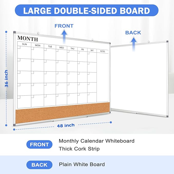 Large Monthly Dry Erase Calendar Whiteboard for Wall, 48" x 36" Double-Sided Big Calendar White Board Cork Board Combo, Aluminum Framed Month Planning Bulletin Board for Office, School, Home