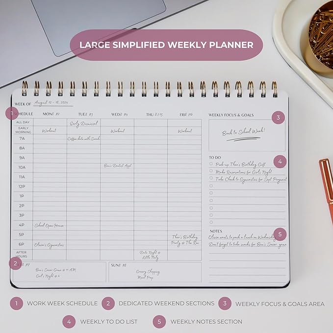 Undated Weekly Schedule | Business Planner | 8.25” x 11.75” ADHD Organizer | Premium Multi-Layout Schedule | Black | Landscape Layout