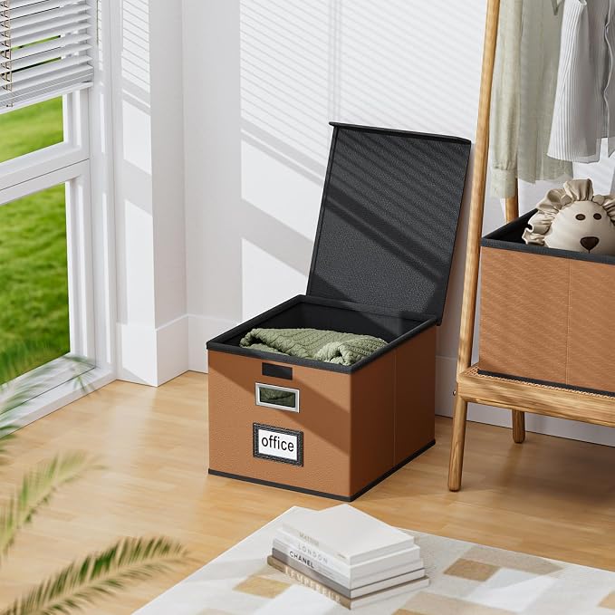File Organizer Boxes with Lids, Collapsible Faux Leather Hanging File Folder Box Organizer with Plastic Slide, Decorative Home/Office Filing System Boxes for File and Folders Storage