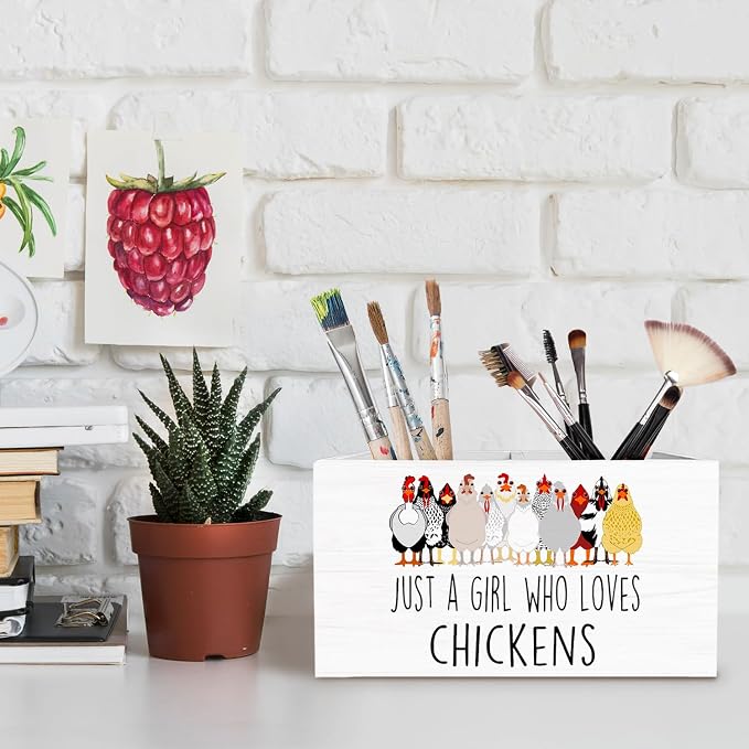 Funny Chicken Pen Holder for Desk, Chicken Lover Mom Lady Gifts Pencil Organizer, Just a Girl Who Loves Chickens Wooden Box Sign Desk Decor for Home Office Decoration
