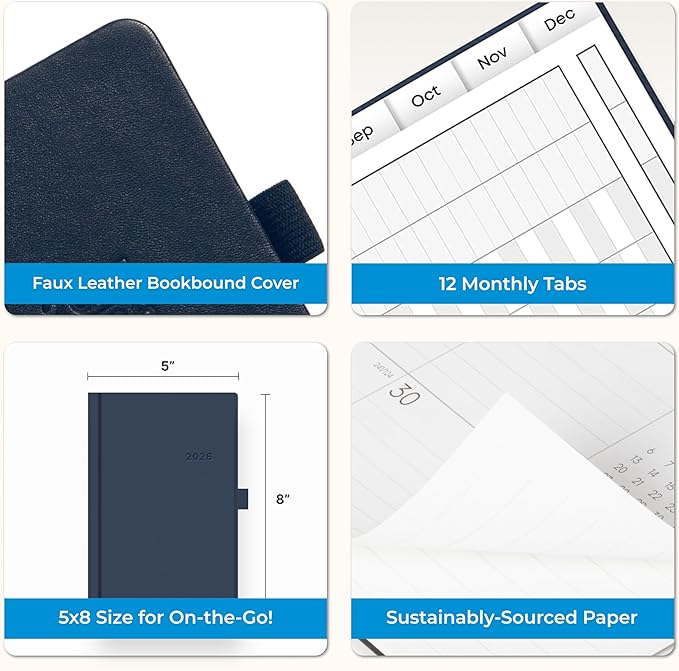 Blue Sky 2026 Weekly and Monthly Planner Calendar, January 2026 - December 2026, 5" x 8", Faux Leather Hard Cover, Bookbound, Tabs, Pen Loop, French Navy