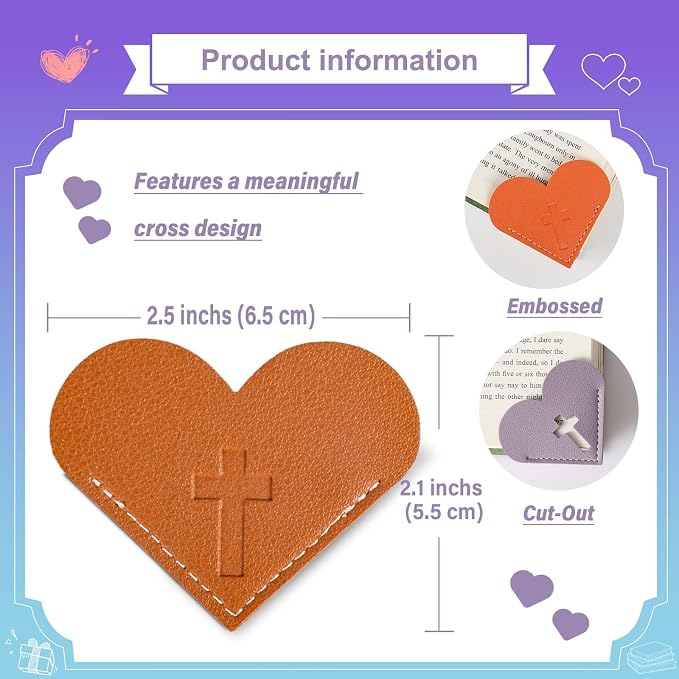 8 Pcs Leather Heart Bookmarks with Cross Design, Christian Gifts for Women, Book Accessories and Gifts for Church or Book Club(Embossed)