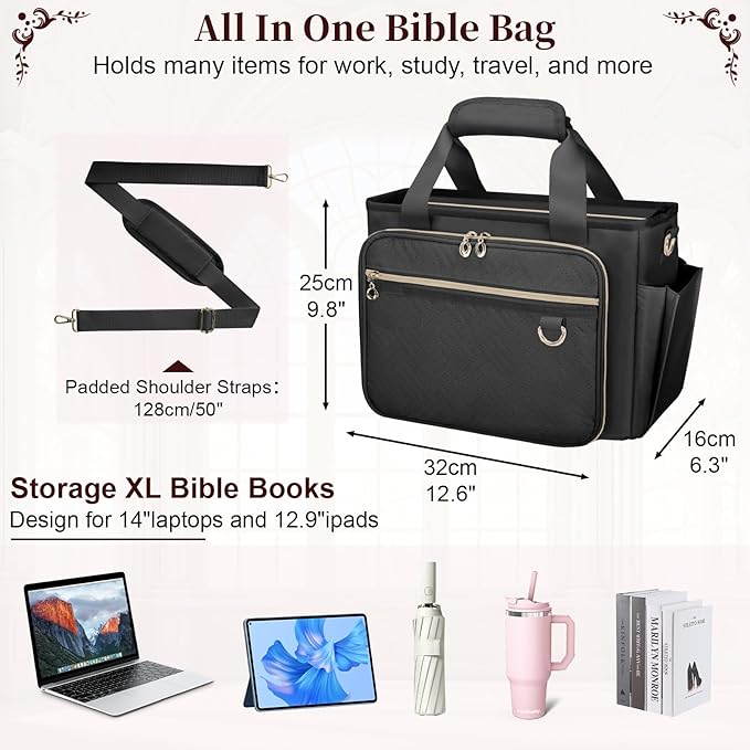 Large Bible Cover Case for Women, Bible Cover with Book Sleeve, Thick Padded Bible Case, Working Bible Tote Bag with Laptop and Bottle Pockets, Church Bag, Bible Bags for Women, Girl, Black
