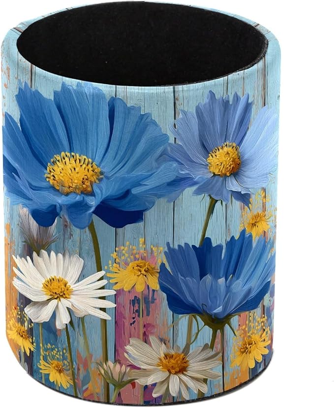 Rural Wooden Flowers Leather Pen Holder for Desk, Multifunctional Desktop Organizer Pencil Cup, Desktop Caddy Stationery Organizer for School Home Office Desk Accessories