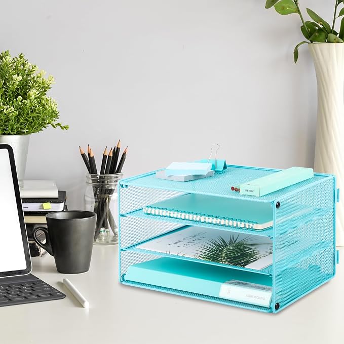 EASEPRES Paper Organizer Tray, 3 Tier Mesh Desk File Organizer Letter Sorter Holder for Home Office, Blue