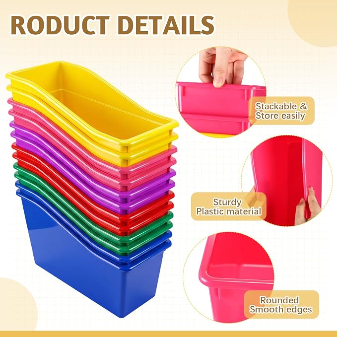 Teling 36 Pcs Book Bins Bulk - Plastic Book Storage Bin with Labels for Classroom Interlocking Magazine Holder Organizer Binder Container Box for School Office Desktop Bookshelf Home (Rainbow Bright)