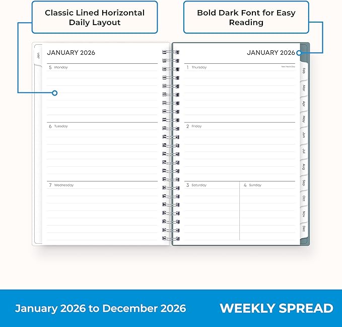 Blue Sky 2026 Weekly and Monthly Planner Calendar, January 2026 - December 2026, 5" x 8", Flexible Frosted Cover, Laminated Tabs, Durable Twin Wire Binding, Amitza