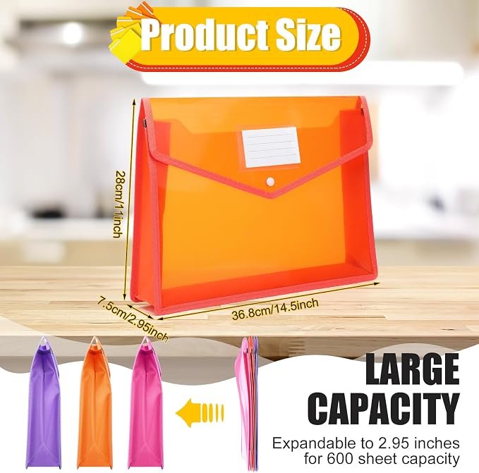 Epakh 3 Pack B4 Plastic Expanding File Folders Waterproof Transparent Expandable File Folder Wallet Document Organizer with Snap Button Closure for School Office Business (Pink Purple Orange)