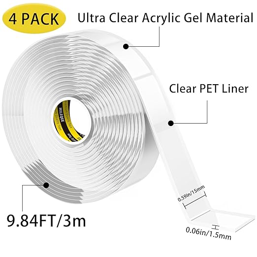 4 Pack Heavy Duty Double Sided Mounting Tape, Strong Adhesive Strips Clear Washable Reusable Transparent Tape for Home Office Decor Indoor (0.59" x 9.84FT/Roll)