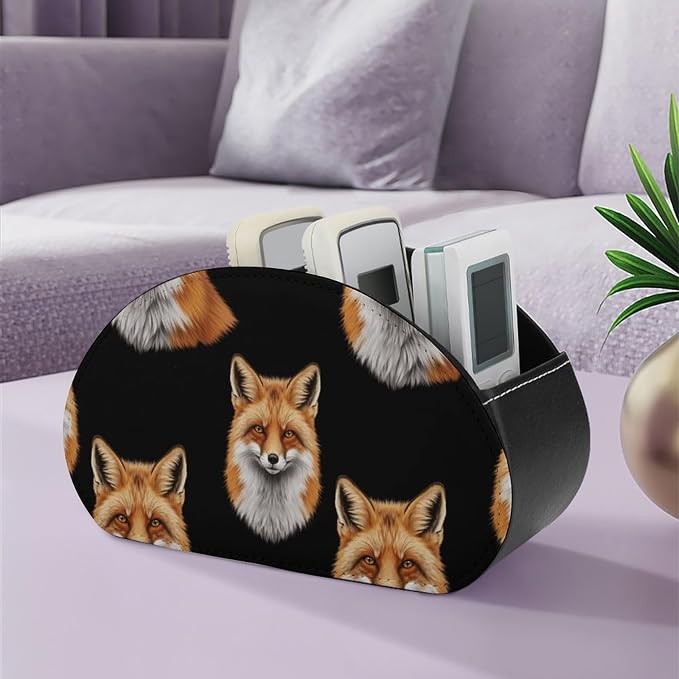 Desktop Remote Control Holder, 5-Compartment PU Leather Organizer for TV, DVD, and Bedside Table Storage, Animal Fox Art