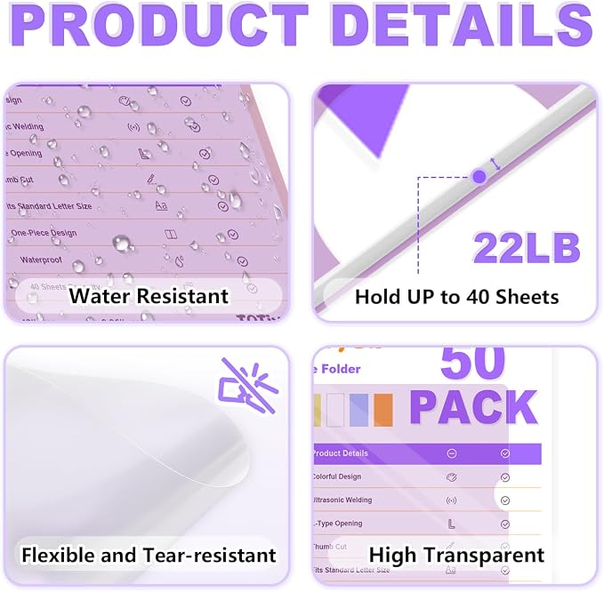 TOTiyea 50 Pack Clear Folder, 7Mil Plastic L-Type Folders, Clear Colored Copy Safe Project Pocket, Fits Letter Size 8.5x11 Paper, Assorted Colors