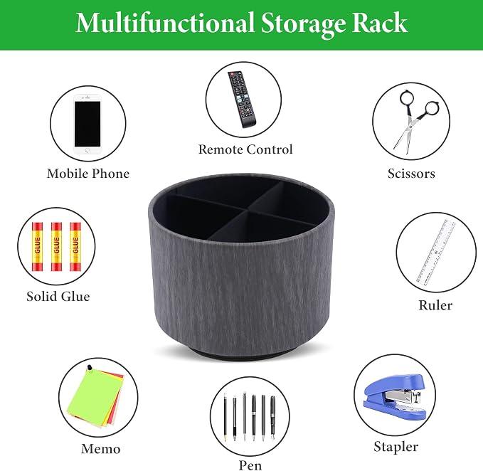 Round Leather Art Supply Organizer,Remote Control Holder,360 Degree Spinning,Multi-Functional Pencil Holder,4 Compartments Desktop Stationary Organizer(1-Thin Wood Black)