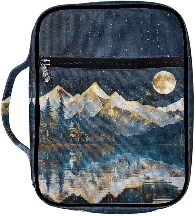 Coldinair Snow Mountain Moon Bible Covers Bag for Men Women,Durable Carrying Book Case Church Bag Bible Holder with Handle and Zippered Pocket