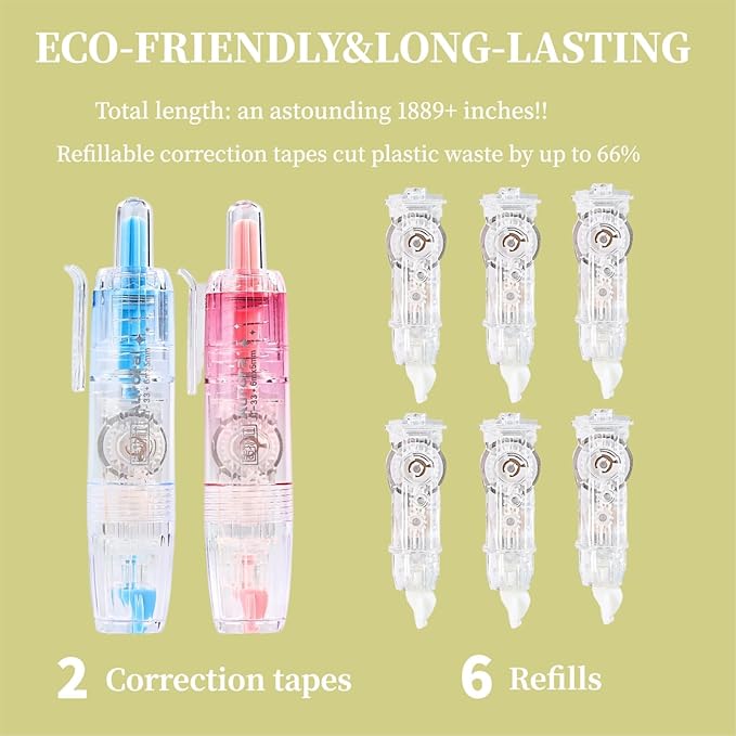 Refillable Correction Tape, 157 ft Total – 2 Pre-Filled Dispensers + 6 Snap-In Refills, School & Office Supplies, Pink & Blue