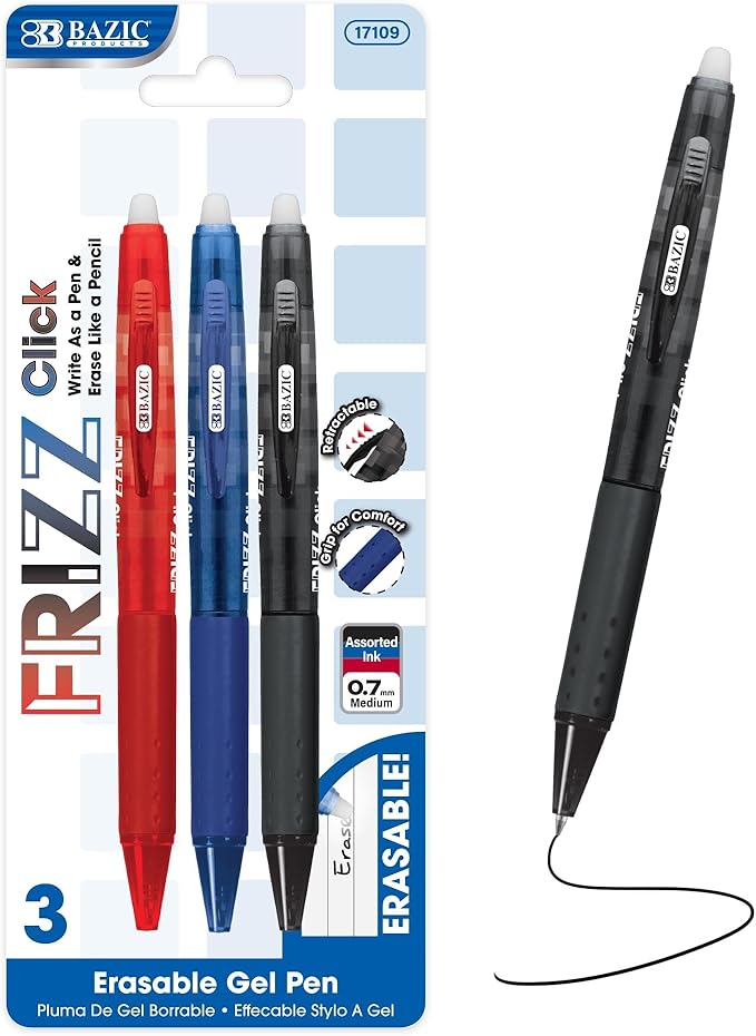 BAZIC PRODUCTS Frizz Retractable Erasable Gel Pens, 0.7mm Medium Point, Assorted Colors Inks, Comfort Grip for Smooth Writing Drawing Planner, 1-Pack