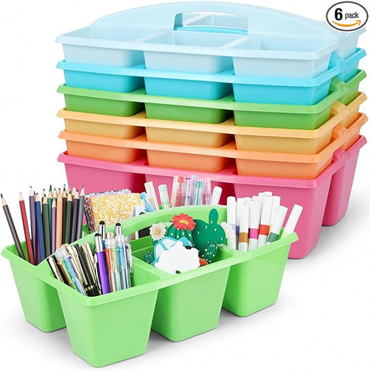 6 Pack Assorted Colors 6 Compartment Classroom Caddy with Handle Portable Plastic Storage Classroom Caddies Organizer for Classrooms Supply Teacher Office Table Desk(Pastel)