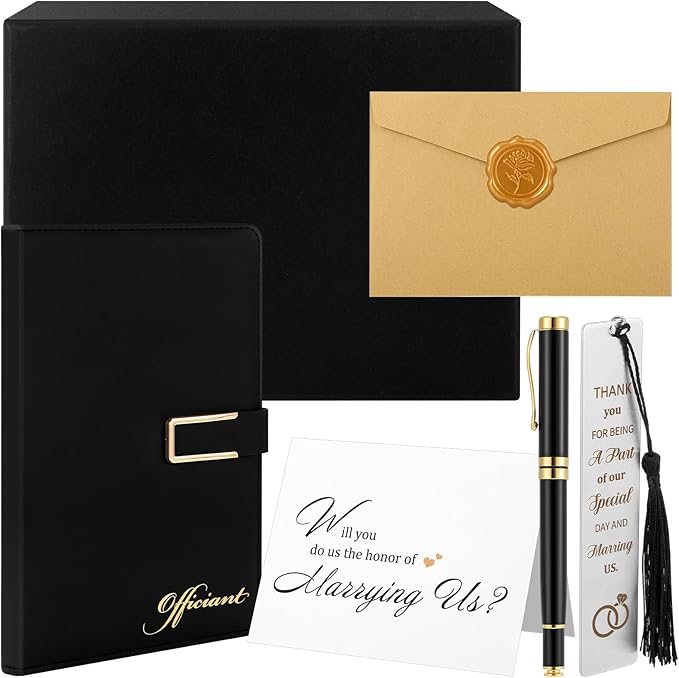 7 Pcs Officiant Gift Set Includes Leather Hardcover Proposal Officiant Book Black Ink Pen Thank You Card with Envelope and Sticker Bookmark Gift Box for Wedding(Black)
