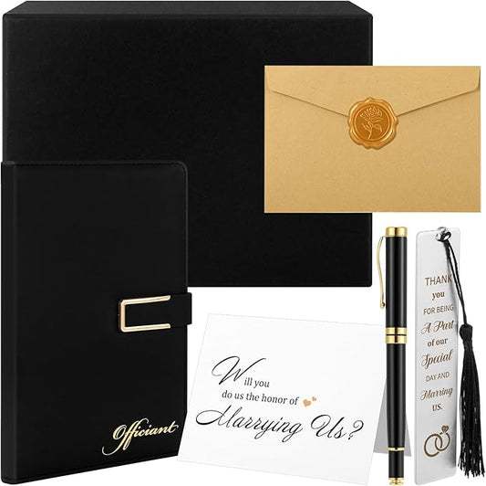 7 Pcs Officiant Gift Set Includes Leather Hardcover Proposal Officiant Book Black Ink Pen Thank You Card with Envelope and Sticker Bookmark Gift Box for Wedding(Black)