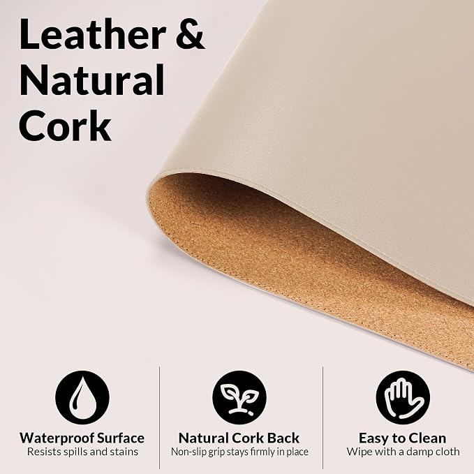 AFIING Cork Desk Mat, Beige, 23.6" x 13.8", Desk Pad Protector | Dual-Sided Natural Cork & PU Leather, Waterproof, Non-Slip, For Office, Home & Study