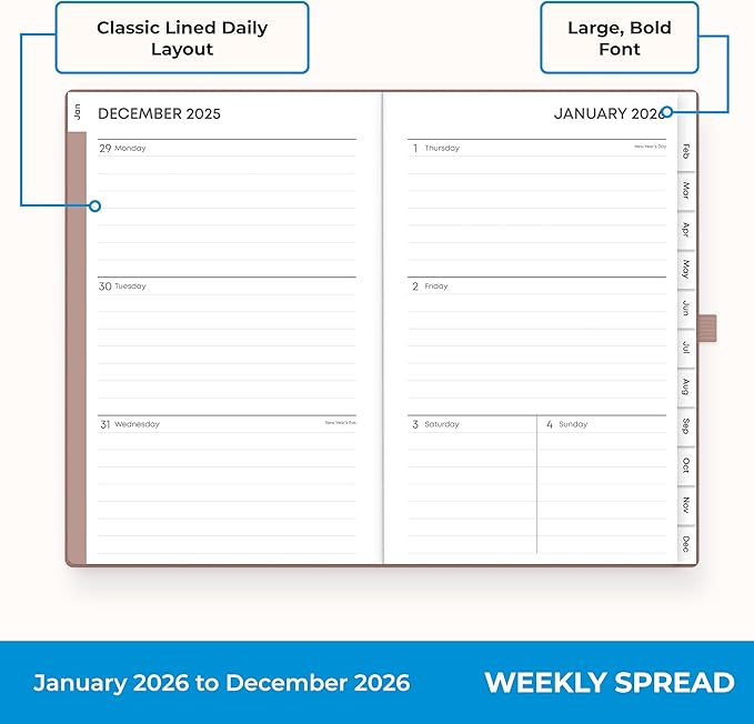 Blue Sky 2026 Weekly and Monthly Planner Calendar, January 2026 - December 2026, 5" x 8", Faux Leather Hard Cover, Bookbound, Tabs, Pen Loop, Soft Brown