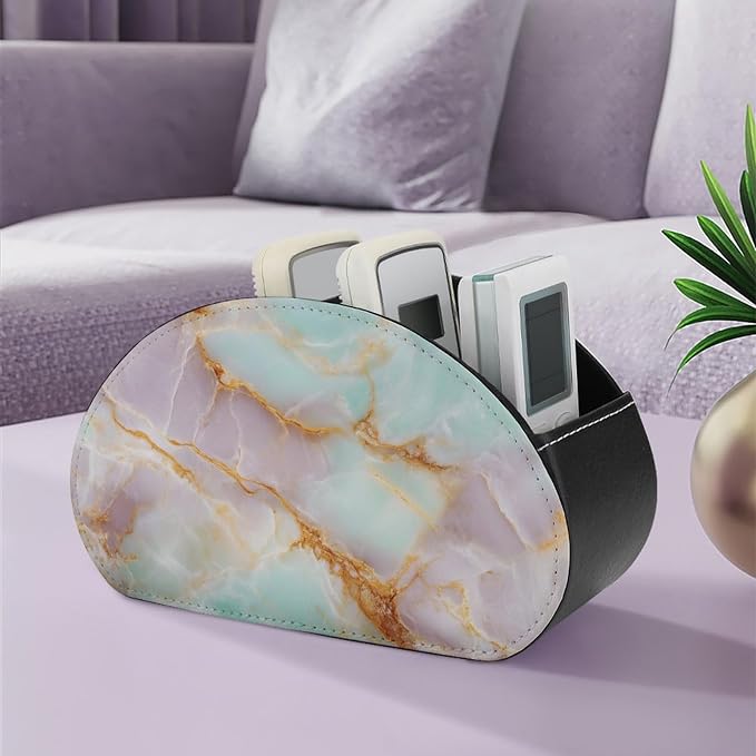 Pink Mint Lemon Marble Texture Remote Control Holder with 5 Compartments Leather TV Remote Caddy Remote Storage Box Desktop Organizer for Pen/TV Remotes/Media Controllers/Office Supplies