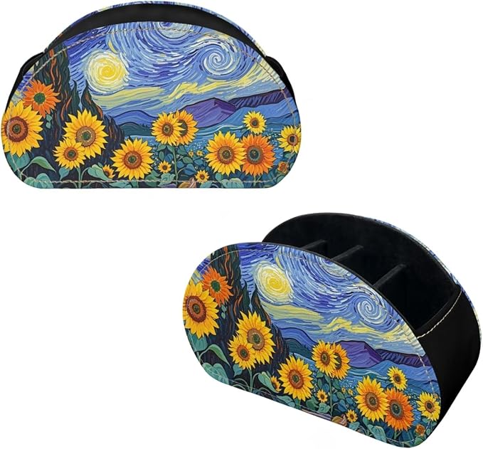 Starry Night Sunflower Office Desk Organizers with 5 Compartments, Remote Control Holder Desktop/TV Stand/Couch Accessory,for Controllers/Media Players/Eyeglasses Storage