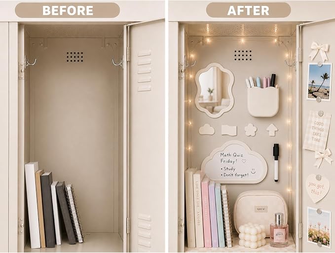 Svartur Magnetic Locker Accessories Set - Locker Mirror, Dry Erase Whiteboard, Magnetic Pen Holder & Cute Magnets, Aesthetic School Locker Decor for Girls, Locker Organizer Kit, White