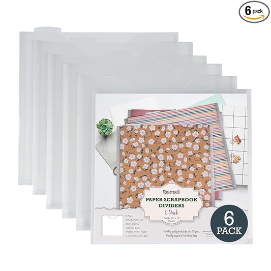 Samsill Scrapbook Paper Storage Organizer, 6 Count of Individual Top Loading Files with Customizable Tabs, Holds 12 x 12 Inch Scrapbook, Vinyl, Photos, Clear, PVC and Acid Free, 6 Pack