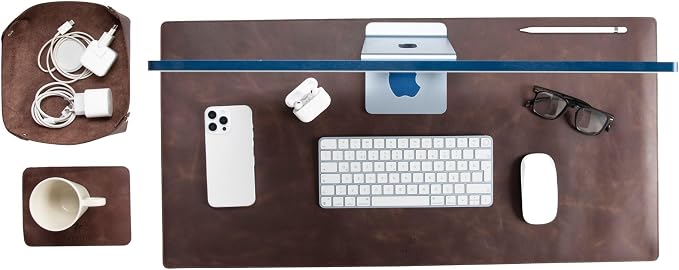 VENITO Leather 3-in-1 Desk Mat Set – Desk Mat (32"x16"), Organizer Tray & Cup Coaster – Full-Grain Leather Desk Pad for Office & Home – Elegant Workspace Accessories for Men & Women, Brown