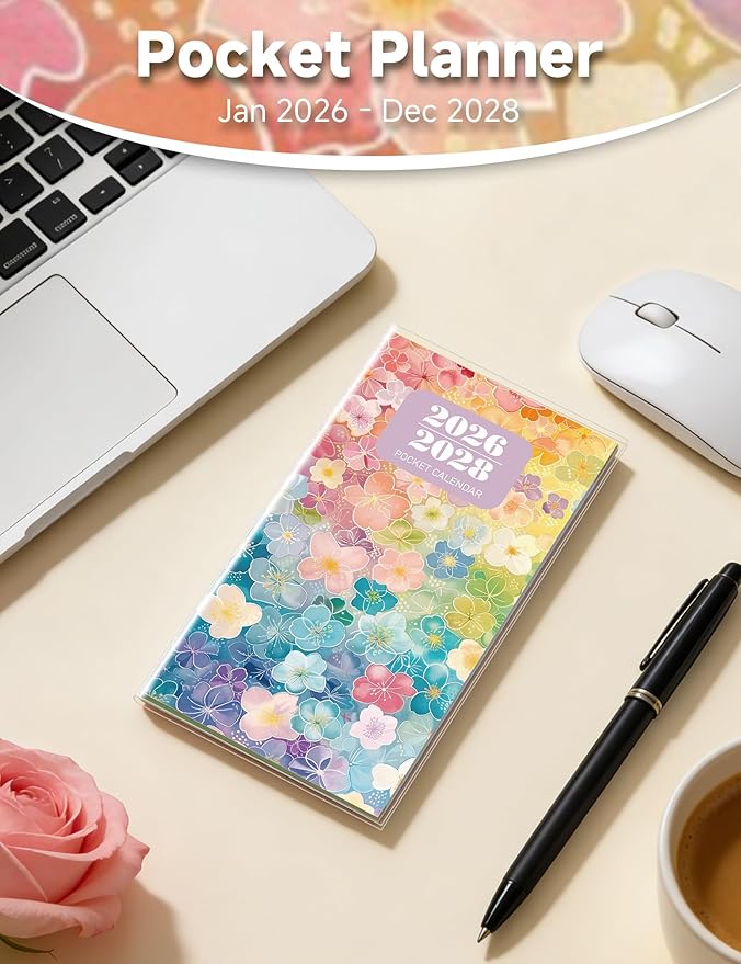 Pocket Calendar 2026-2028 Floral Series, Monthly Planner Jan 2026 to Jul 2028 (3.7" x 6.7") Perfect Purse Calendar, Pocket Agenda with Protective Plastic Sleeve-Color Floral