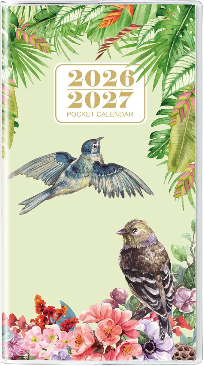 Pocket Calendar 2026-2027, Monthly Planner 2026-2027 - Runs from January 2026 Until December 2027-6.7" x 3.7", Bird Calendar Planner with PVC Cover for Planning, Organizing and Office