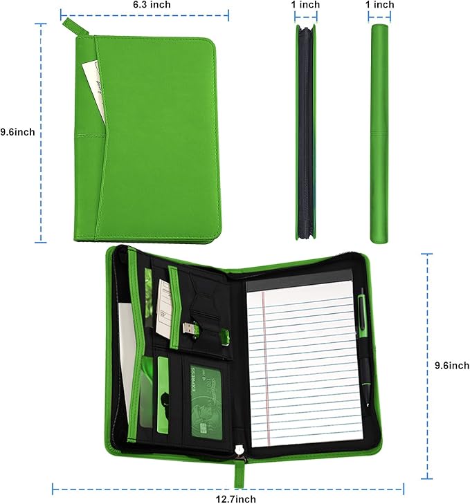 Lcjtop Junior Business Padfolio - A5 PU Leather Portfolio Binder & Zippered Binder Folder with 5 x 8 Writing Pad and Interior Storage Pocket Executive Business Organizer for Men Women,Green