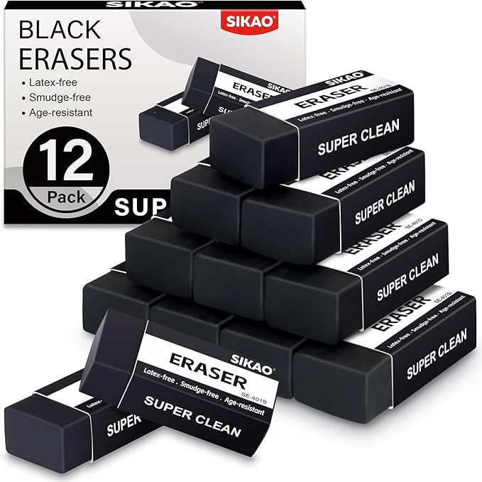 Black Erasers, 12 Pack Block Pencil Erasers – Smudge-Free Latex-Free Art Erasers for Kids & Adults Artists, Clean Erase for School, Homework, Office & Drawing