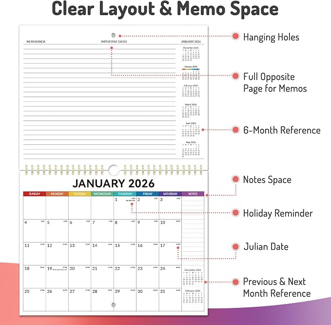 Forvencer 2026 Calendar, 18-Month Wall Calendar 2026, Jan 2026 to Jun 2027, 11" x 8.5" Monthly Planner Calendars with Note Pages & Stickers, Unruled Blocks, Spiral Binding Hanging for Home Office