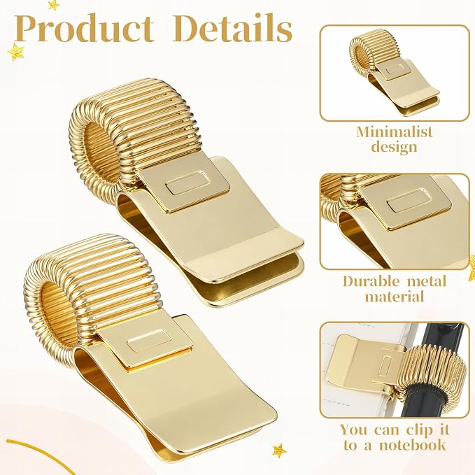 2 Pcs Pen Holder Clip, Metal Pen Clip Holder Metal Pencil Holders Clips Adjustable Loop Pencil Organizer with Spring Loop for Notebook Clipboard Home School Office