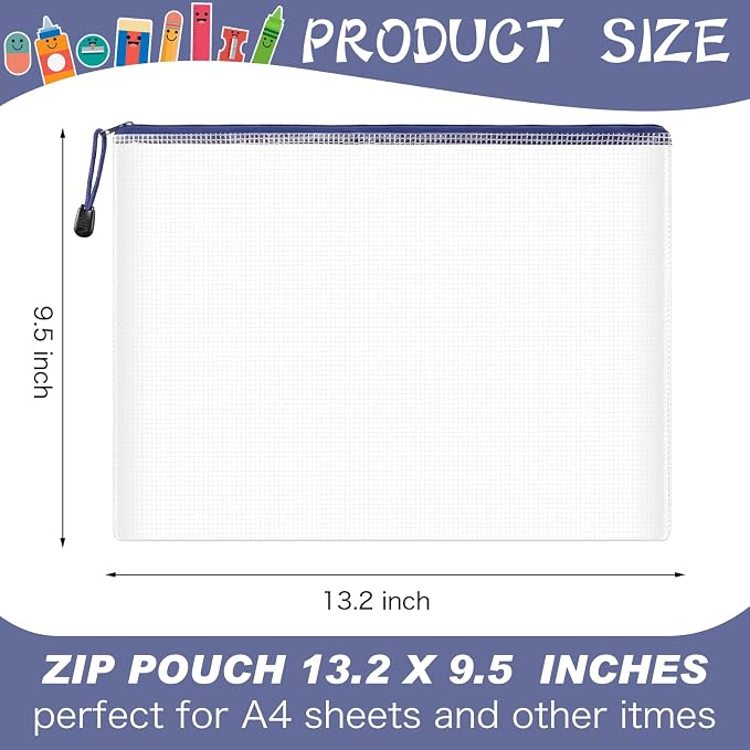 Zhehao 200 Pcs A4 Mesh Zipper Pouch Bulk Waterproof Mesh Zipper Organizer Plastic File Folder Case for School Office Supplies Document Board Games Puzzle (Blue)