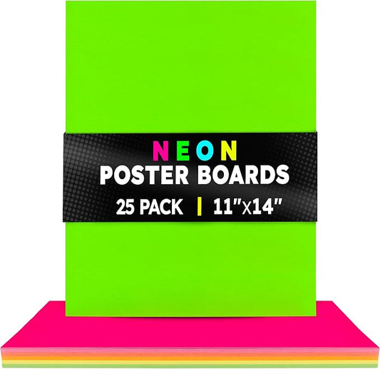 Hygloss Medium Poster Board 11x14 - 25 Assorted Neon Color Bulk Pack - 10 Pt. Thickness Colored Poster Board Paper for Projects, Signs, Displays - Posterboard Multipack 11" x 14"