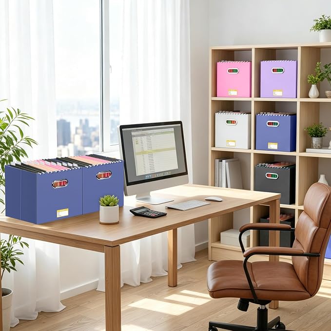 BALEINE File Organizer Box, Cardboard File Folder Organizer with Handle for Letter Size, Portable Collapsible Hanging Filing Box for Home Office Document Storage (4 Pack, Large Navy)
