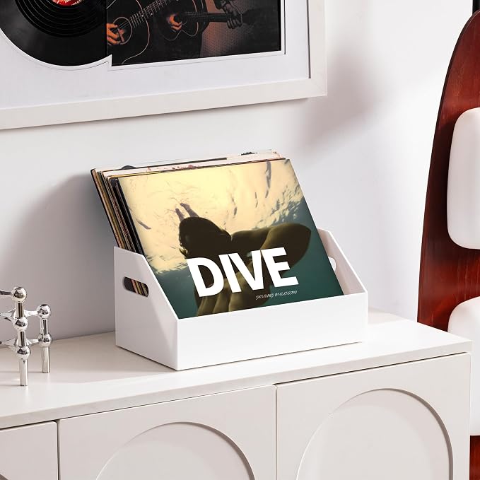 eletecpro No Assembly Acrylic Vinyl Record Storage with Handle, Holds up to 40 LPs, Multifunctional Record Holder Crate for Storing Album Covers, Modern Desk Organizer for Home, White Vinyl Display