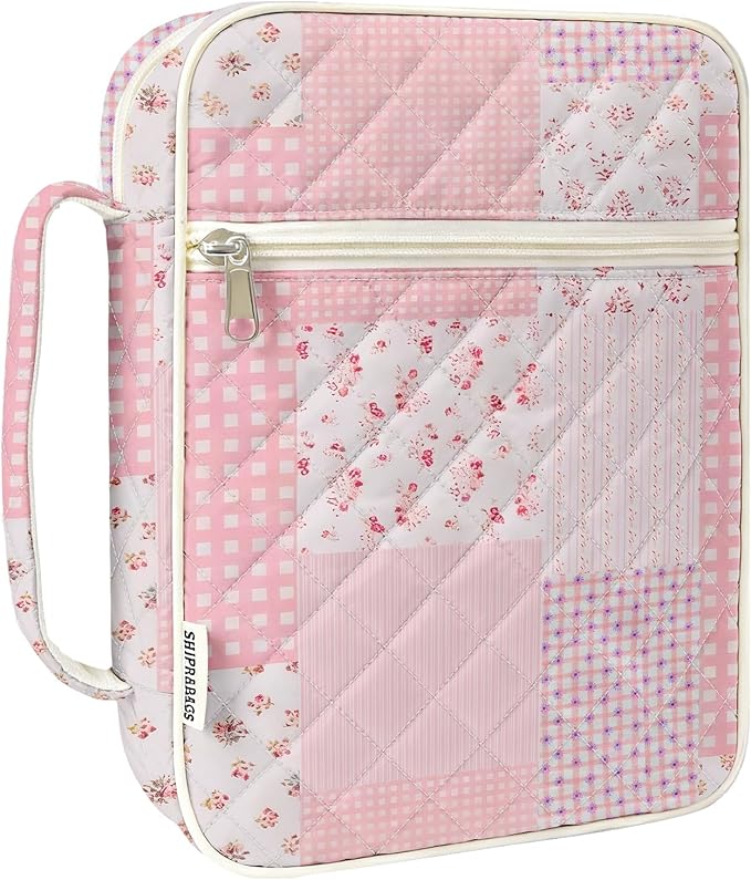 shirabags Quilted Bible Cover Case for Women - Elegant Cotton Bible Bag for Study, Church, Christian Gifts for Women(Pink Floral Patchwork, M)
