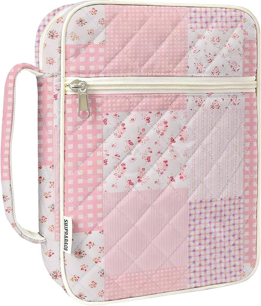shirabags Quilted Bible Cover Case for Women - Elegant Cotton Bible Bag for Study, Church, Christian Gifts for Women(Pink Floral Patchwork, M)