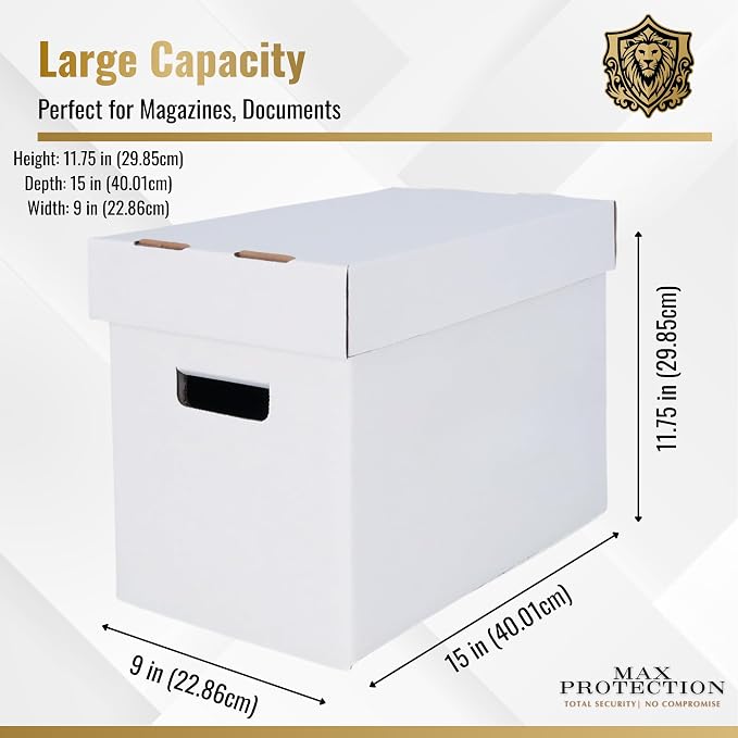 Max Protection Storage Boxes with Lids for Magazine, File, and Document Organization - Heavy Duty 200 lb Test Cardboard Boxes - Made in USA Corrugated Paper, 4 Pack