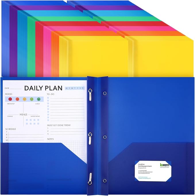 Cholemy 132 Packs Pocket Folders with Prongs Heavy Duty Plastic Folder with Business Card Slot 3 Prong Fasteners for School Office (Cute)