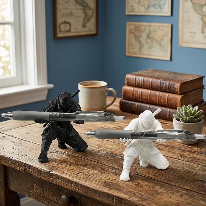 2 PCS Ninja Pen Holder for Desk, Black and White Samurai Pen Holder Desktop Decor, Unique Ninja Warrior Accessories & Desk Organizer for Office Supplies