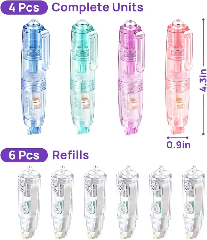 Refillable Retractable Correction Tape, Smooth Pull Out White Correction Tape with 6 Extra Refills, Easy to Use for School Office Supplies