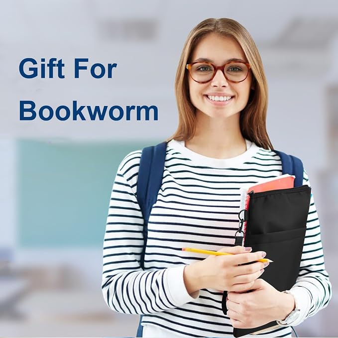 Book Sleeves with Zipper, Travel Book Protector Pouch for Paperbacks & Hardcover Books, Book Covers Bags Carry Case/Front Pocket & Handle Strap for Book Lovers Mother's Day (Black, 1 Pc)
